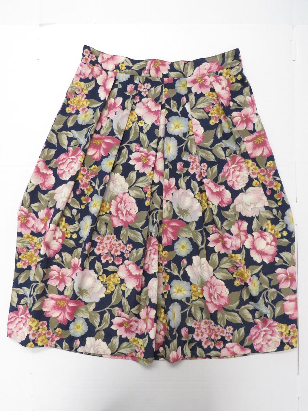 Vtg KORET Midi Skirt Women's 14 (M) Navy Blue Pink Green Floral Fall Grannycore